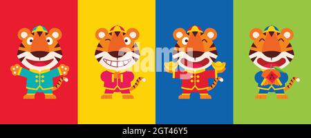2022 nuovo anno cinese. Collezione set di cartoon design piatto carino tigre indossando cinese tradizionale costume con diverse pose su sfondo colorato. Illustrazione Vettoriale