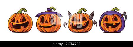 Buon Halloween. Set di cartoni animati di cute zucca Jack o Lantern con divertente espressione del volto. Illustrazione Vettoriale