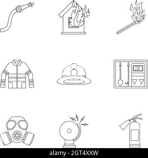 Protezione da icone antincendio impostate, stile profilo Illustrazione Vettoriale