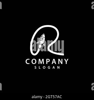 R disegno di icona vettoriale del modello di logo del razzo a riga di lettera R. Foto Stock