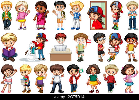 Grande set di bambini che fanno diverse attività Illustrazione Vettoriale