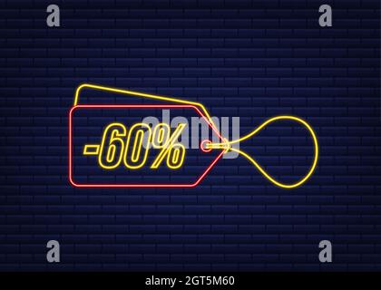 Sconto del 60% sulla vendita al neon tag. Prezzo dell'offerta scontato. sconto del 60% sull'icona piatta con ombra lunga. Illustrazione vettoriale. Illustrazione Vettoriale