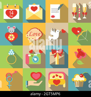 Simboli San Valentino icone set, stile piatto Illustrazione Vettoriale