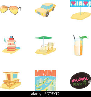 City Miami icone set, stile cartoon Illustrazione Vettoriale