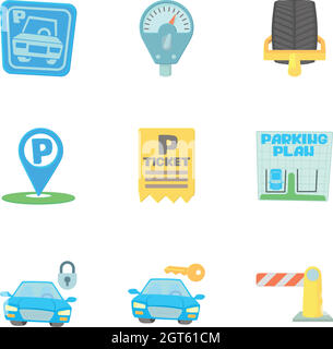 Area di parcheggio set di icone, stile cartoon Illustrazione Vettoriale