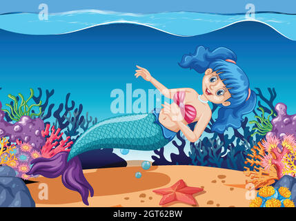 Carino mermaids stile cartoon personaggio cartoon su sfondo mare Illustrazione Vettoriale