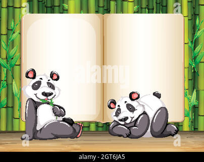 Sagoma di bordo con due panda e sfondo di bambù Illustrazione Vettoriale