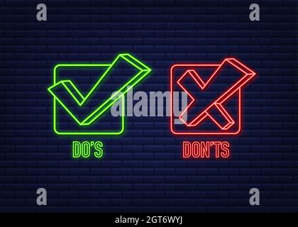 Pulsante al neon do s e Don ts. Set di elementi logotipi minimi con semplice pollice verso l'alto piatto. Illustrazione vettoriale. Illustrazione Vettoriale