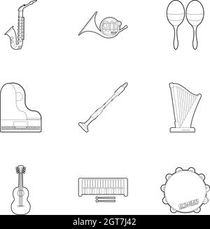Strumenti per la musica di set di icone di stile di contorno Illustrazione Vettoriale