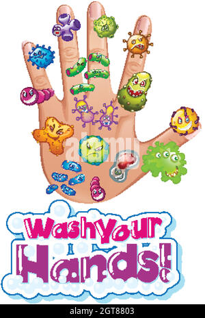 Poster design per tema coronavirus con cellule virali sulla mano umana Illustrazione Vettoriale