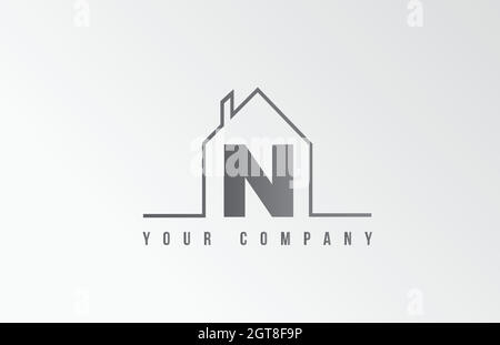 N carattere lettera del logo dell'icona dell'alfabeto domestico. Casa per un'azienda immobiliare. Identità aziendale con contorno sottile Illustrazione Vettoriale