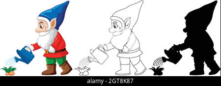 GNOME annaffiatura pianta di colore e profilo e silhouette in cartoon su sfondo bianco Illustrazione Vettoriale