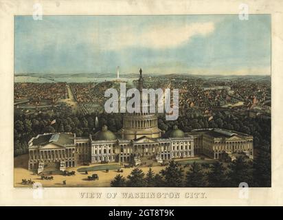 Vista dall'alto a basso angolo del centro di Washington, DC, USA con il Campidoglio in primo piano 1871 Foto Stock