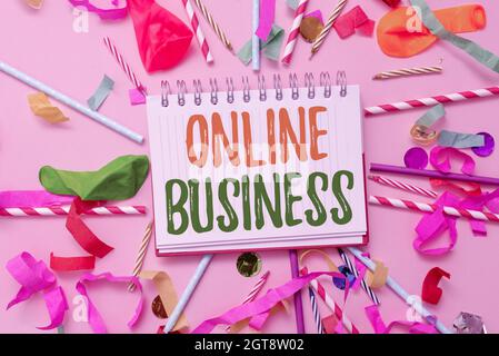 Firma che mostra Online Business. Internet Concept transazione commerciale condividere informazioni in internet Colourful Party Collections flashy Foto Stock