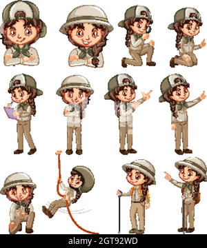 Ragazza in uniforme safari facendo diverse attività Illustrazione Vettoriale