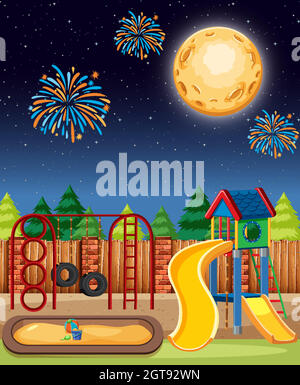 Parco giochi per bambini nel parco con luna grande e fuochi d'artificio nel cielo in stile cartoon notturno Illustrazione Vettoriale