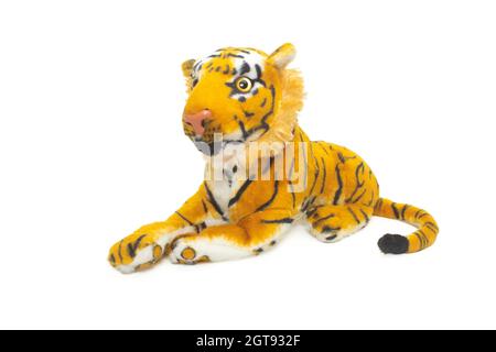 Bambola Tiger isolata su sfondo bianco. Bambola della tigre bengala isolata. Foto Stock