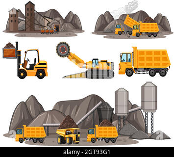 Settore minerario del carbone con diversi tipi di autocarri da costruzione Illustrazione Vettoriale