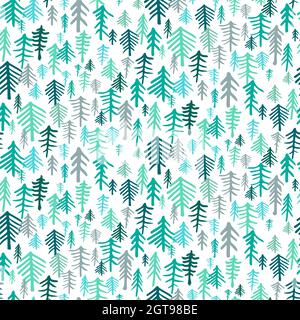 Motivo senza cuciture con semplici alberi di natale minimalisti decorati. Disegno di schizzo di doodle disegnato a mano con inchiostro. Doodle Holiday abete per avvolgere la carta AN Illustrazione Vettoriale