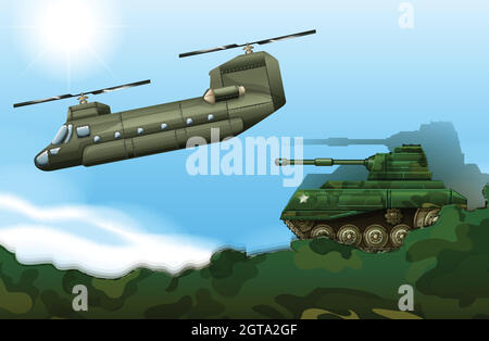 Un carro armato militare e un elicottero Illustrazione Vettoriale