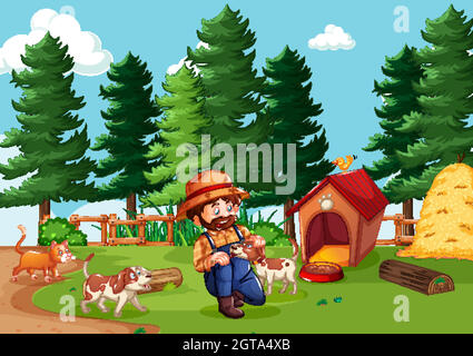 Agricoltore con fattoria animale in scena fattoria in stile cartone animato Illustrazione Vettoriale