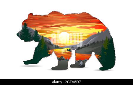 Silhouette di un orso marrone selvatico. Fauna selvatica, montagne, foresta, fiume e sole con le nuvole sono raffigurati all'interno del profilo dell'orso. Illustrazione Vettoriale