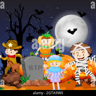 Tema di Halloween con i bambini in costumi Illustrazione Vettoriale