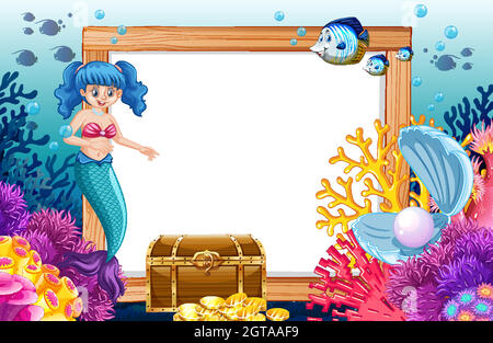 Tema Sirenetta e animale marino con cartoni animati bianchi su sfondo marino Illustrazione Vettoriale