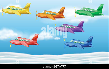 Sei aerei che volano nel cielo Illustrazione Vettoriale