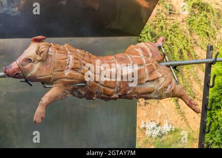 Barbecue con maiale giovane su una griglia con carbone di legno. Tutto il corpo di maialino arrostito accendendo il grill. Grande barbecue nel processo di cottura della carne. Foto Stock