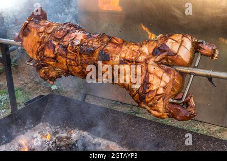 Barbecue con maiale giovane su una griglia con carbone di legno. Tutto il corpo di maialino arrostito accendendo il grill. Grande barbecue nel processo di cottura della carne. Foto Stock