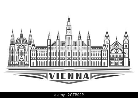 Illustrazione vettoriale di Vienna, poster orizzontale monocromatico con design lineare famoso paesaggio cittadino di vienna, concetto artistico urbano con decorazione unica Illustrazione Vettoriale