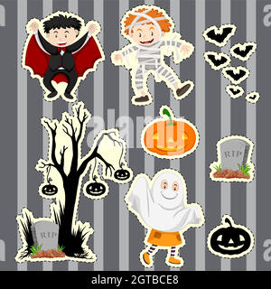 Set adesivi per bambini in costumi di Halloween Illustrazione Vettoriale