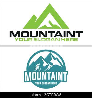 Fitness fisico di corsa bike sport montagna verde logo design Illustrazione Vettoriale
