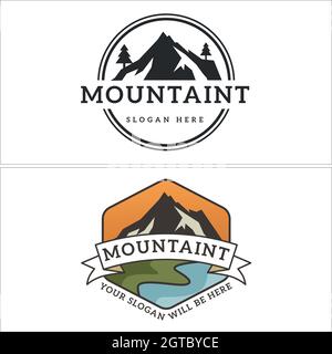 Set di design con logo per l'avventura all'aperto in montagna Illustrazione Vettoriale