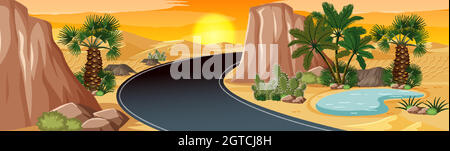 Oasi del deserto con palme paesaggio naturale scena Illustrazione Vettoriale