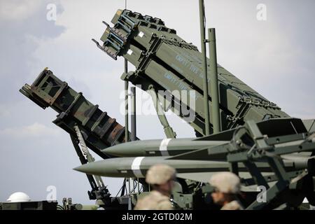 Capu Midia, Romania - 9 giugno 2021: Il sistema missilistico superficie-aria Patriot dell'esercito rumeno presso il Centro Nazionale di addestramento per la Difesa aerea. Foto Stock