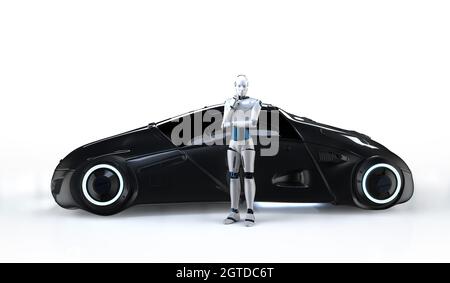 Auto senza conducente o auto autonoma con controllo 3d del cyborg di rendering Foto Stock