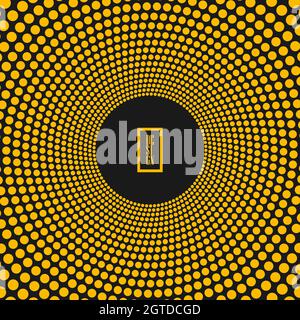 Punti mezzitoni gialli ruotati in forma rotonda. Illustrazione vettoriale. Elemento di design per cornice bordo, logo rotondo, segno, simbolo, pagine web, stampe, emblema Illustrazione Vettoriale