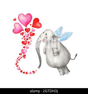 Illustrazione acquerello di un elefante felice con le ali e i cuori che sono versati dal suo tronco. Concetto di amore in stile cartone animato. San Valentino, matrimonio Foto Stock