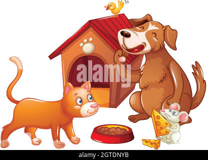Doghouse con animaletto da compagnia su sfondo bianco Illustrazione Vettoriale