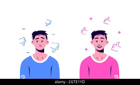 Personaggio gioioso con piacciono e triste con dispiaceri Illustrazione Vettoriale