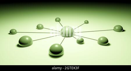 Concetto di rete o lavoro di squadra con punti o sfere connessi, rendering 3D astratto verde Foto Stock