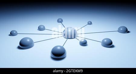 Concetto di rete o lavoro di squadra con punti o sfere connessi, rendering 3D astratto blu Foto Stock