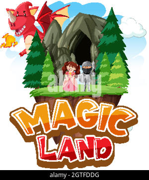 Font design per parola terra magica con drago alla grotta Illustrazione Vettoriale