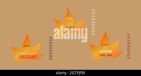 Vendita shopping autunnale, adesivi sconto. Illustrazione vettoriale di elementi di design per negozio, negozio, poster, volantini, striscioni, web design. Illustrazione Vettoriale