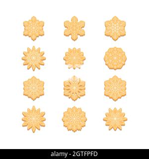 Set di fiocchi di neve di biscotti di pan di zenzero. Biscotti decorativi di Natale. Illustrazione vettoriale degli elementi di design per biglietti d'auguri, poster, carta da parati Illustrazione Vettoriale
