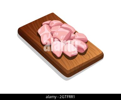 Illustrazione di pollo crudo teneri tagli di frittura senza pelle disposti su base di legno, immagine png, isolato. Illustrazione Vettoriale