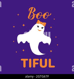Lettere bootiful-tiful. Divertente citazione del pun di Halloween. Simpatico personaggio fantasma. Modello vettoriale per poster tipografici, biglietti d'auguri, banner, ecc. Illustrazione Vettoriale