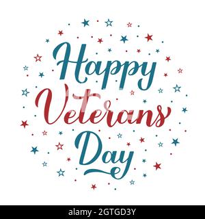 Happy Veterans giorno calligrafia scritta a mano con stelle rosse e blu. Poster tipografico americano delle festività. Modello vettoriale facile da modificare per banner, fl Illustrazione Vettoriale